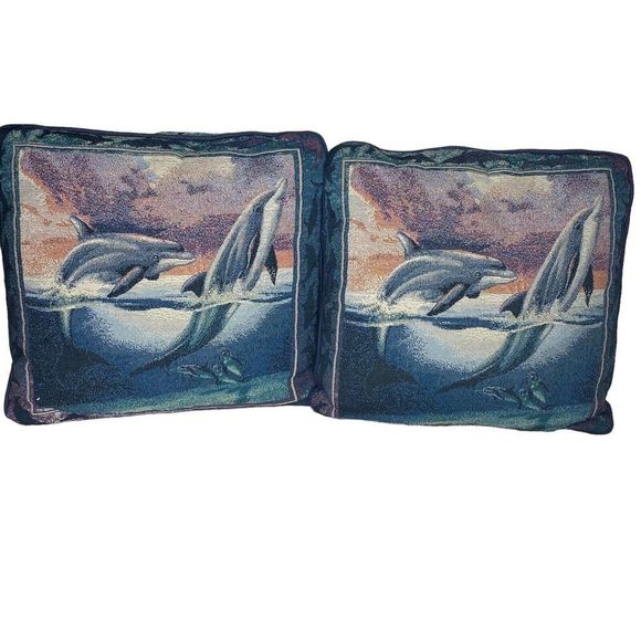 Vintage Needle Point Pillows Dolphins (2) 16"x16" Blue Ocean Life Porpoise Love - Picture 2 of 2